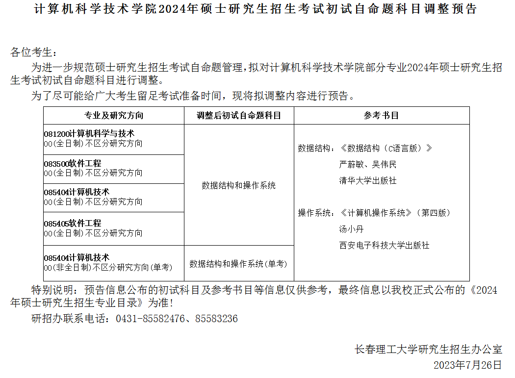 長春理工大學計算機科學技術學院2024年碩士研究生招生考試初試自命題科目調整預告