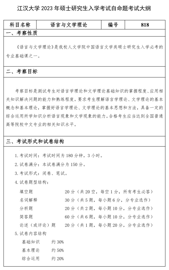 江漢大學研究生考試大綱 語言與文學理論考試大綱